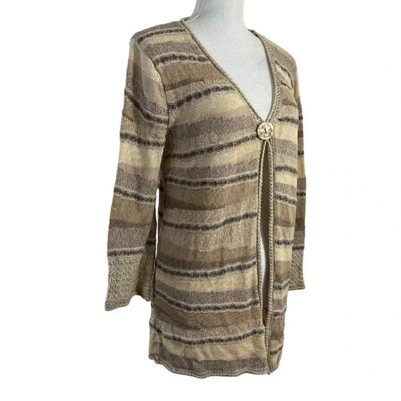 JM Collection Sand Oatmeal Tan Striped One Button Cardigan Sweater Medium Womens - Picture 2 of 9